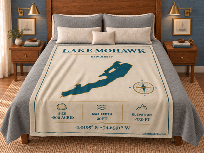 Lake Mohawk Minimalist Navigation blanket displayed on a bed