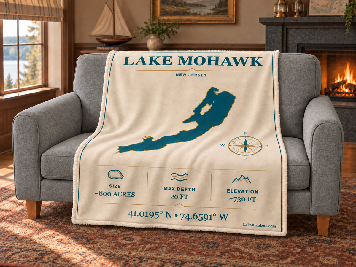 Lake Mohawk Minimalist Navigation blanket draped over a couch