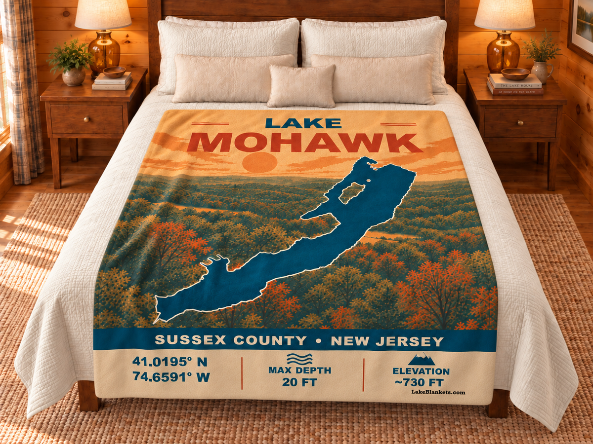 Lake Mohawk Vintage blanket displayed on a bed