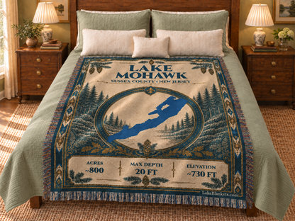 Lake Mohawk Woven Heritage blanket displayed on a bed