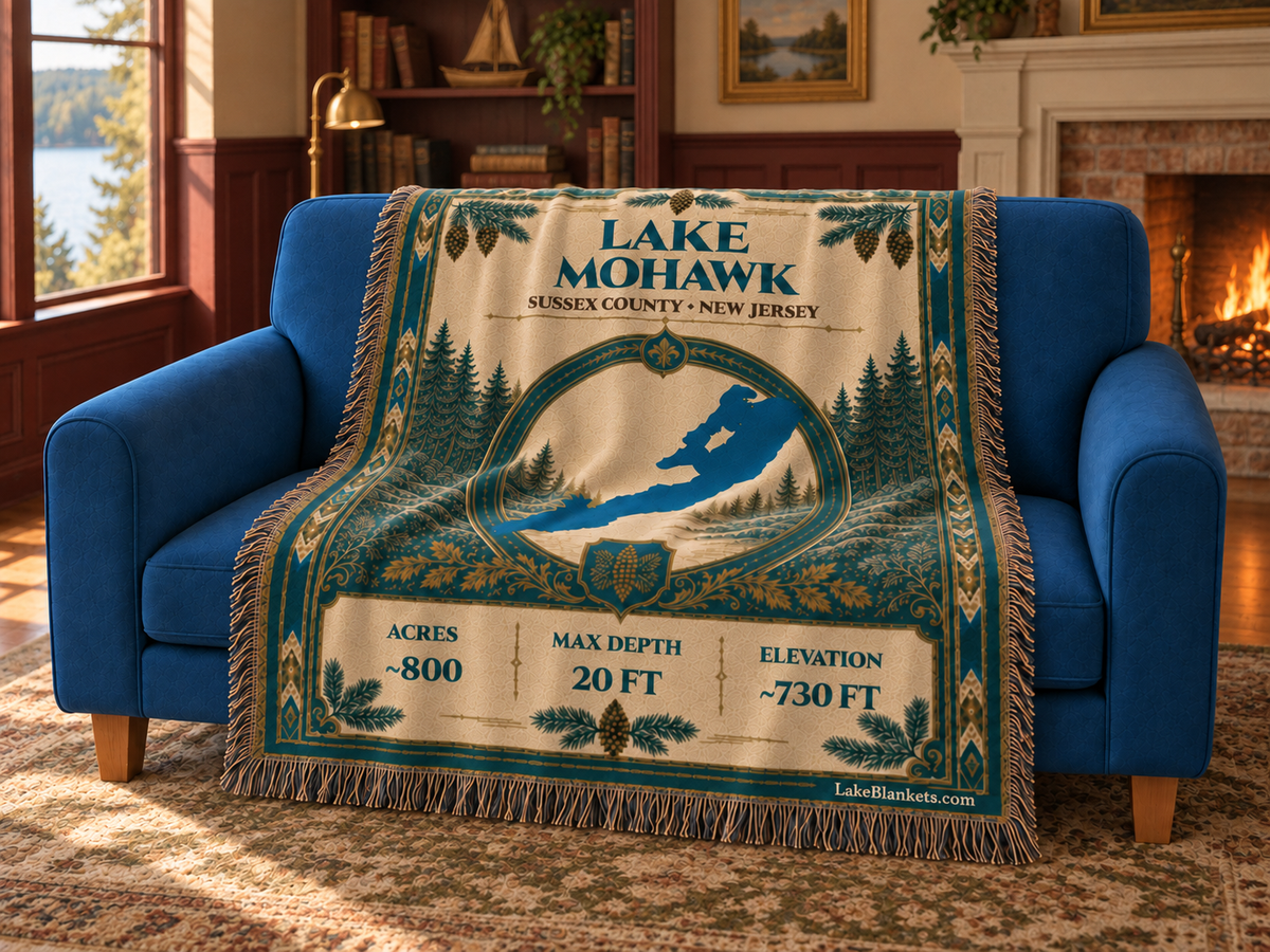 Lake Mohawk Woven Heritage blanket draped over a couch