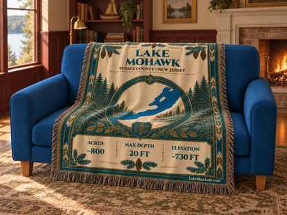 Lake Mohawk Woven Heritage blanket draped over a couch
