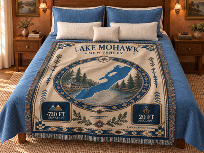 Lake Mohawk Woven Landmark Medallion blanket displayed on a bed
