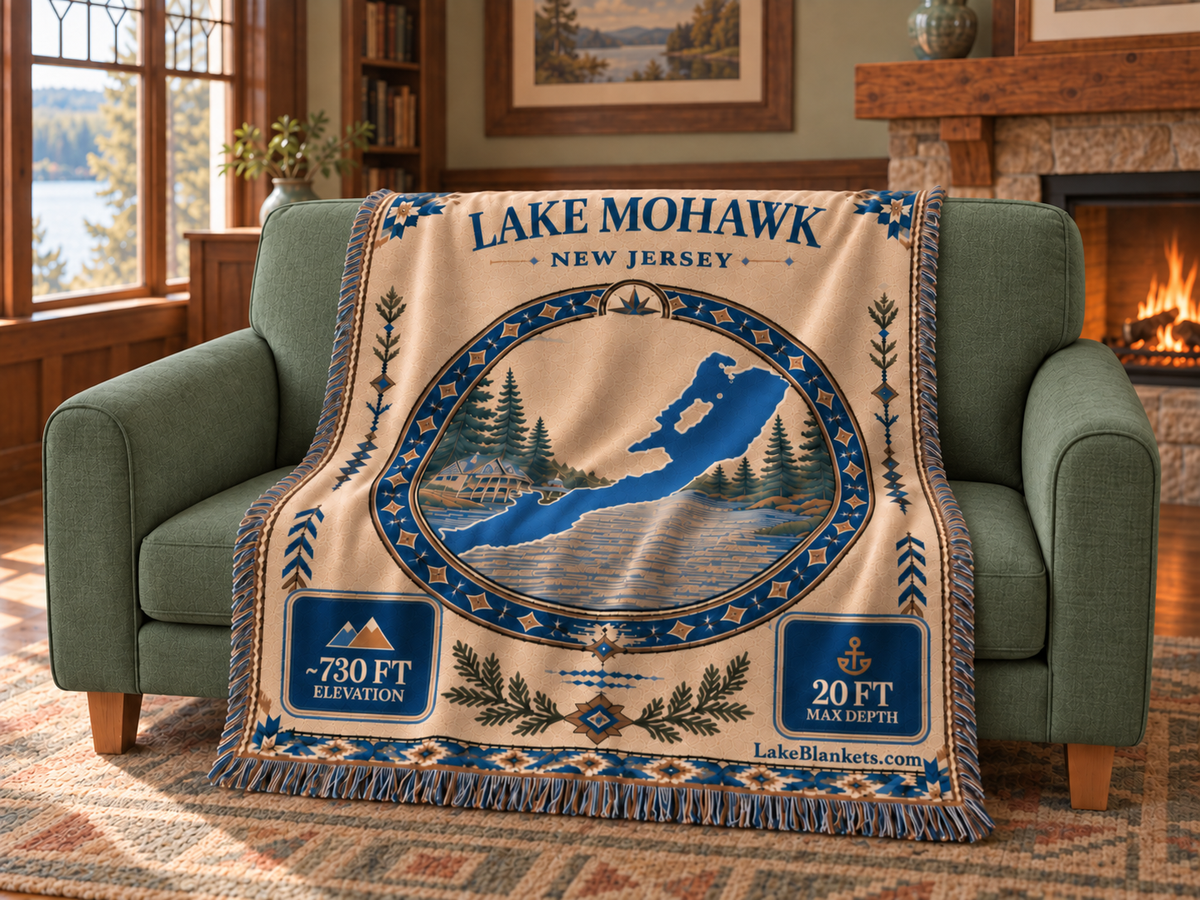 Lake Mohawk Woven Landmark Medallion blanket draped over a couch