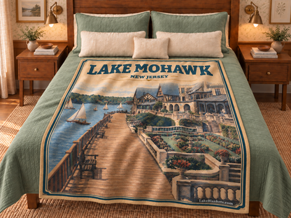 Lake Mohawk Photoesc blanket displayed on a bed