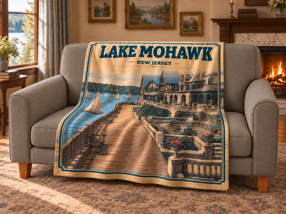 Lake Mohawk Photoesc blanket draped over a couch