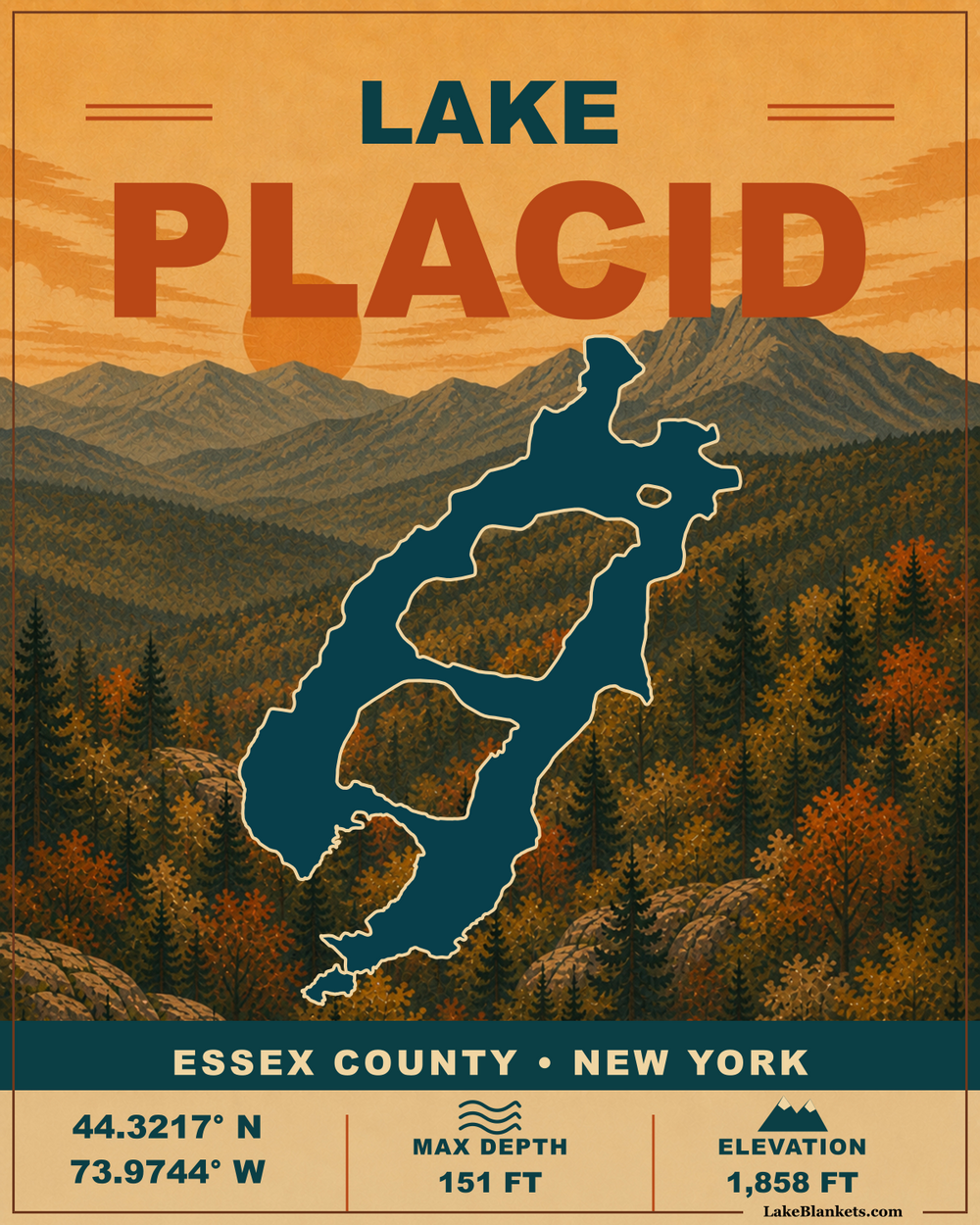 Lake Placid New York vintage sherpa blanket with exact island-filled lake silhouette and warm Adirondack mountain artwork