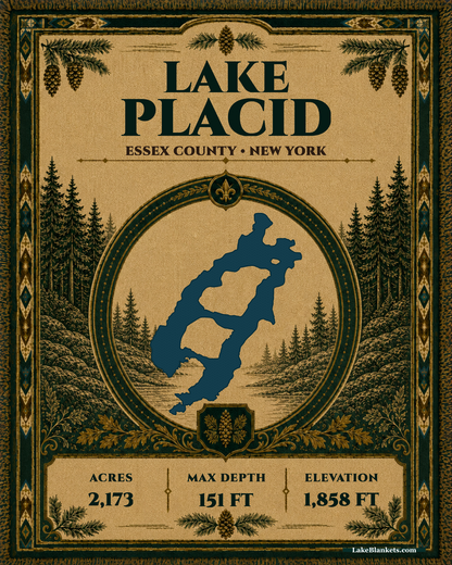 Lake Placid New York woven heritage blanket with exact island-filled lake silhouette, evergreen medallion, verified facts, and fringe
