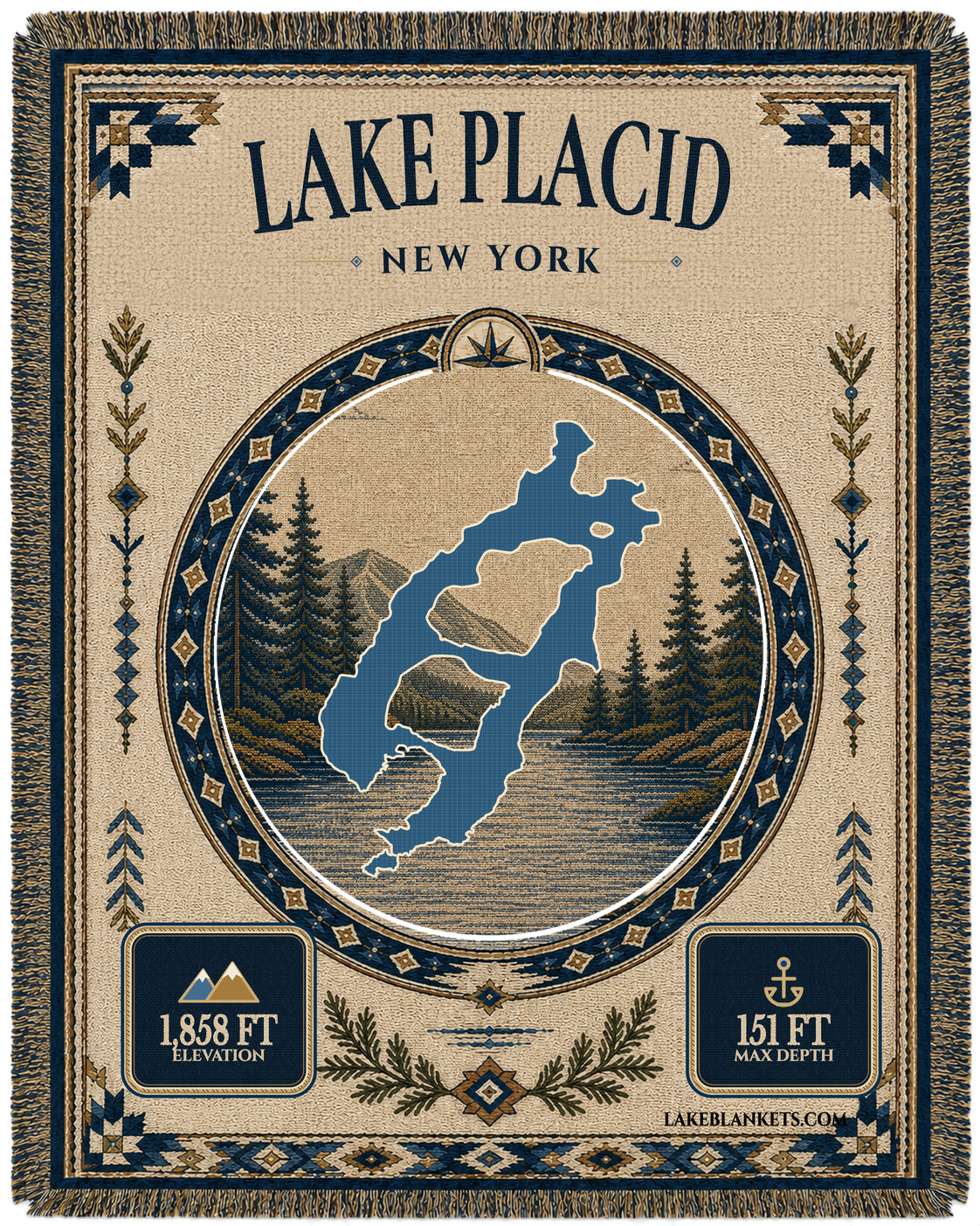 Lake Placid New York woven landmark blanket with exact island-filled lake silhouette, Whiteface Mountain scene, verified facts, and fringe