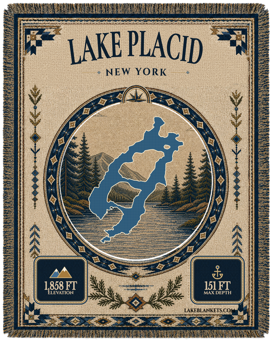 Lake Placid New York woven landmark blanket with exact island-filled lake silhouette, Whiteface Mountain scene, verified facts, and fringe