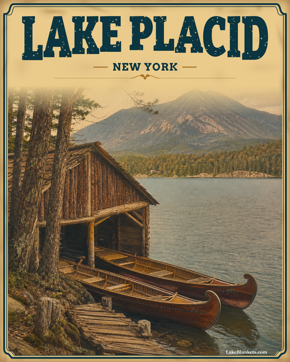 Lake Placid New York vintage sherpa blanket with Adirondack guideboats, rustic boathouse, pines, lake, and Whiteface Mountain