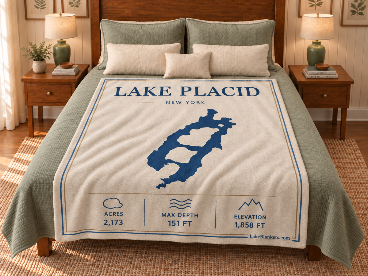 Lake Placid Minimalist blanket displayed on a bed