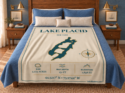 Lake Placid Minimalist Navigation blanket displayed on a bed