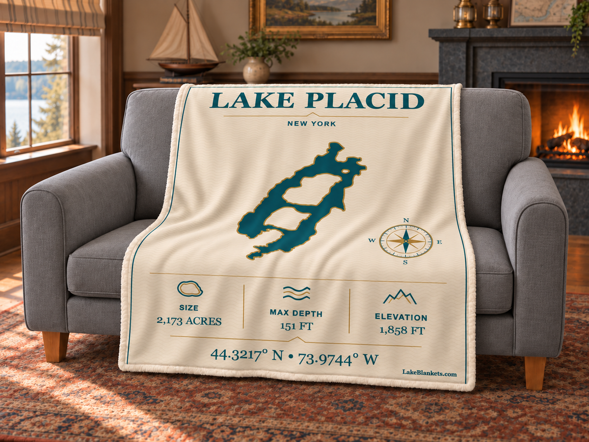 Lake Placid Minimalist Navigation blanket draped over a couch