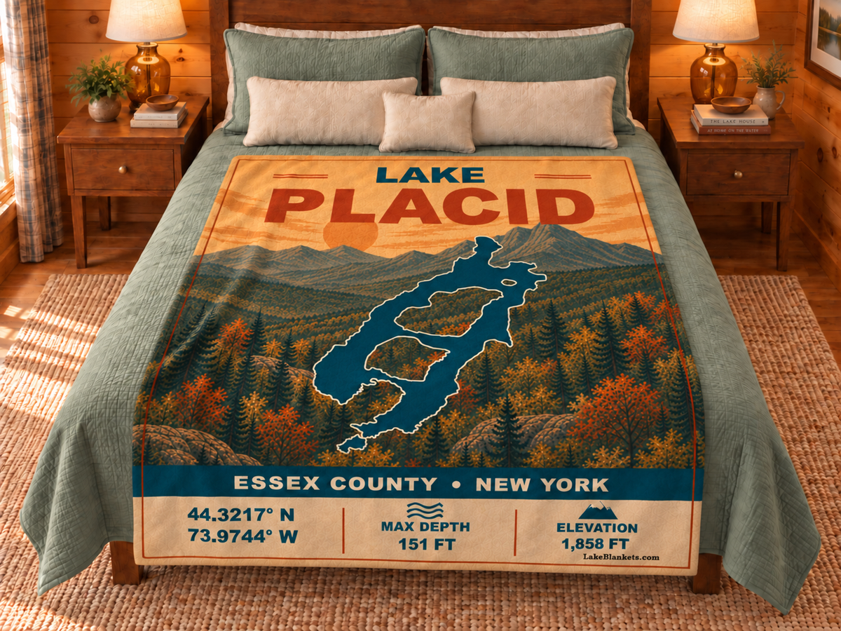 Lake Placid Vintage blanket displayed on a bed
