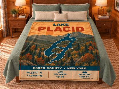 Lake Placid Vintage blanket displayed on a bed