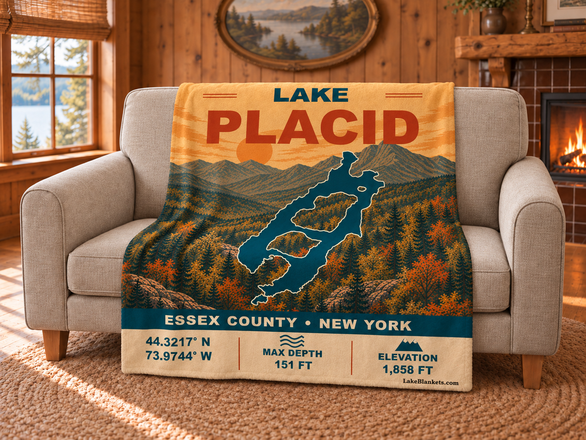Lake Placid Vintage blanket draped over a couch