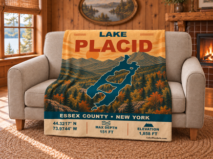 Lake Placid Vintage blanket draped over a couch