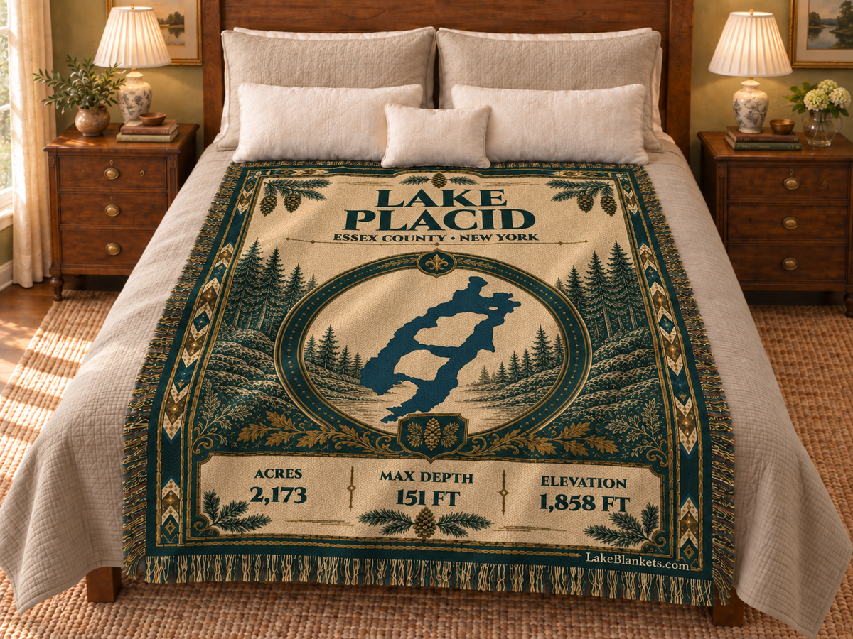 Lake Placid Woven Heritage blanket displayed on a bed