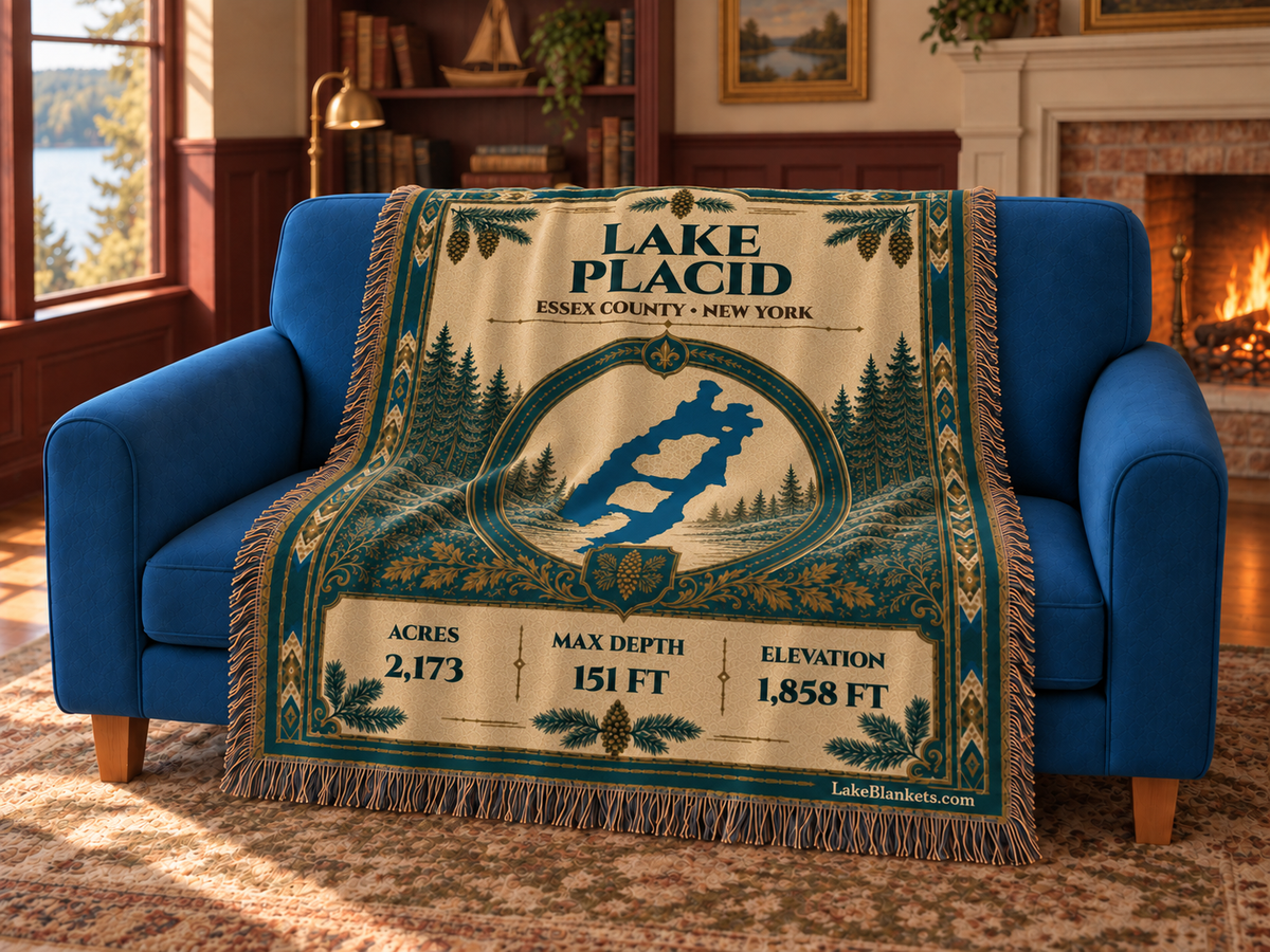 Lake Placid Woven Heritage blanket draped over a couch