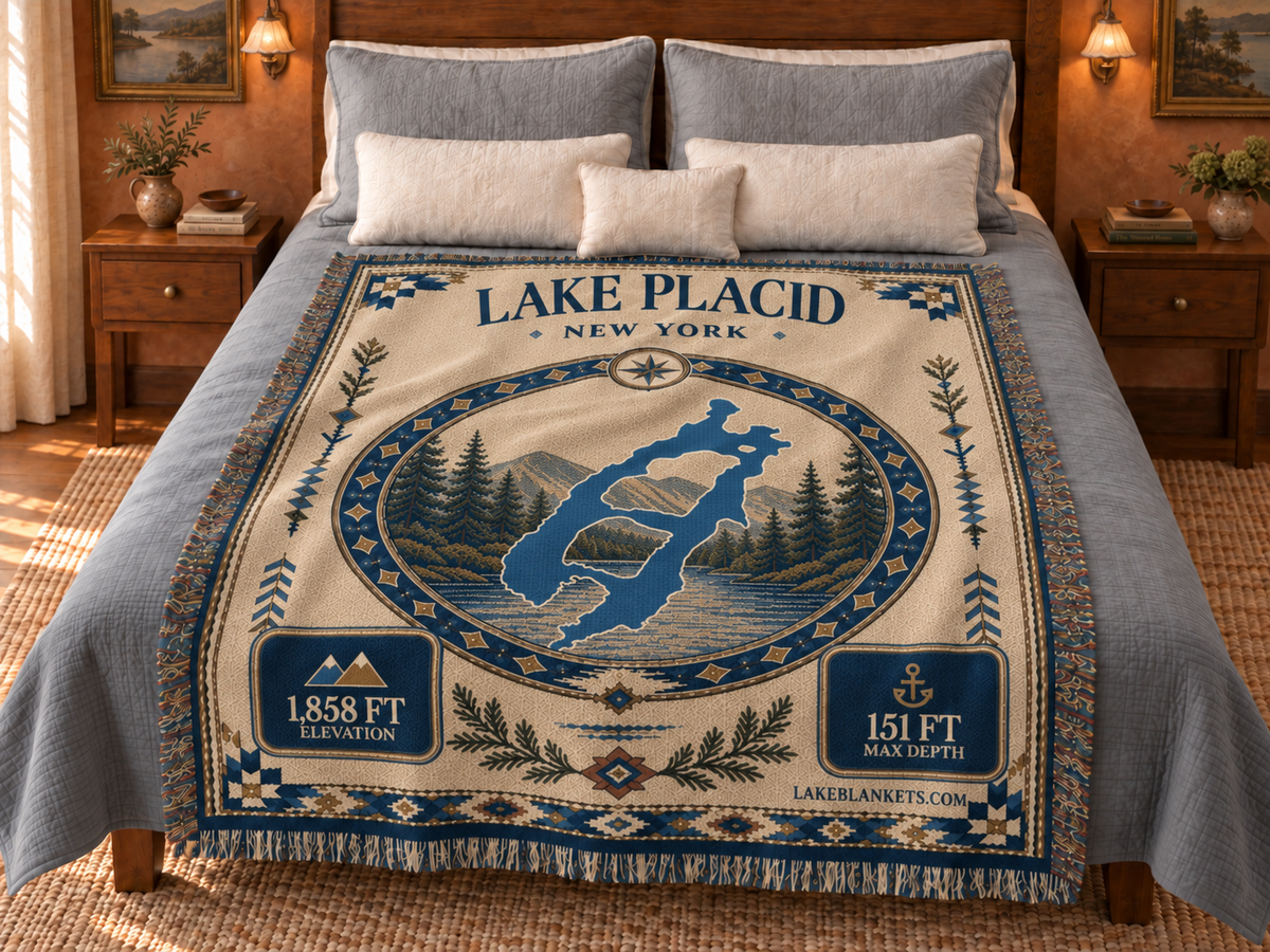 Lake Placid Woven Landmark Medallion blanket displayed on a bed