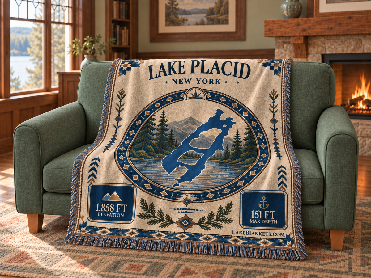 Lake Placid Woven Landmark Medallion blanket draped over a couch