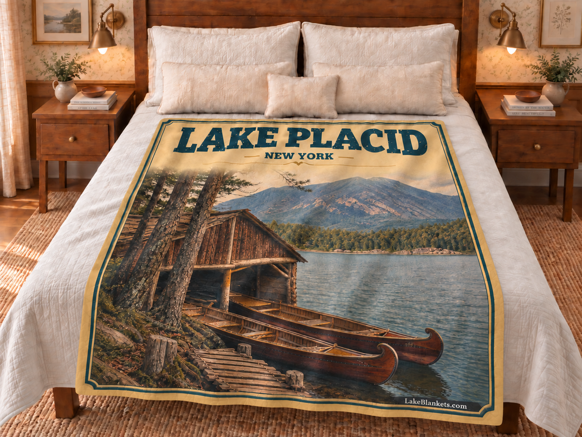 Lake Placid Photoesc blanket displayed on a bed