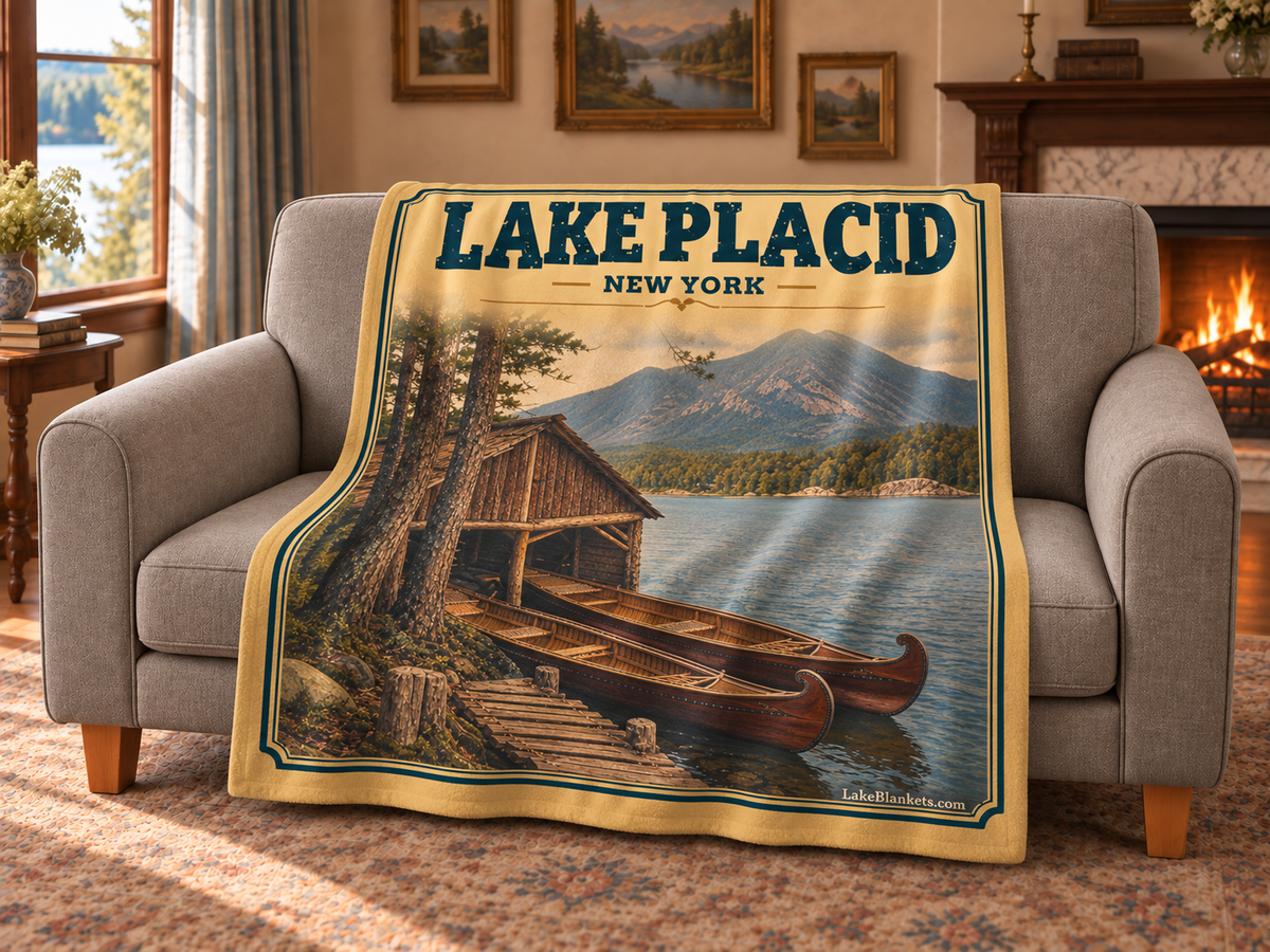 Lake Placid Photoesc blanket draped over a couch