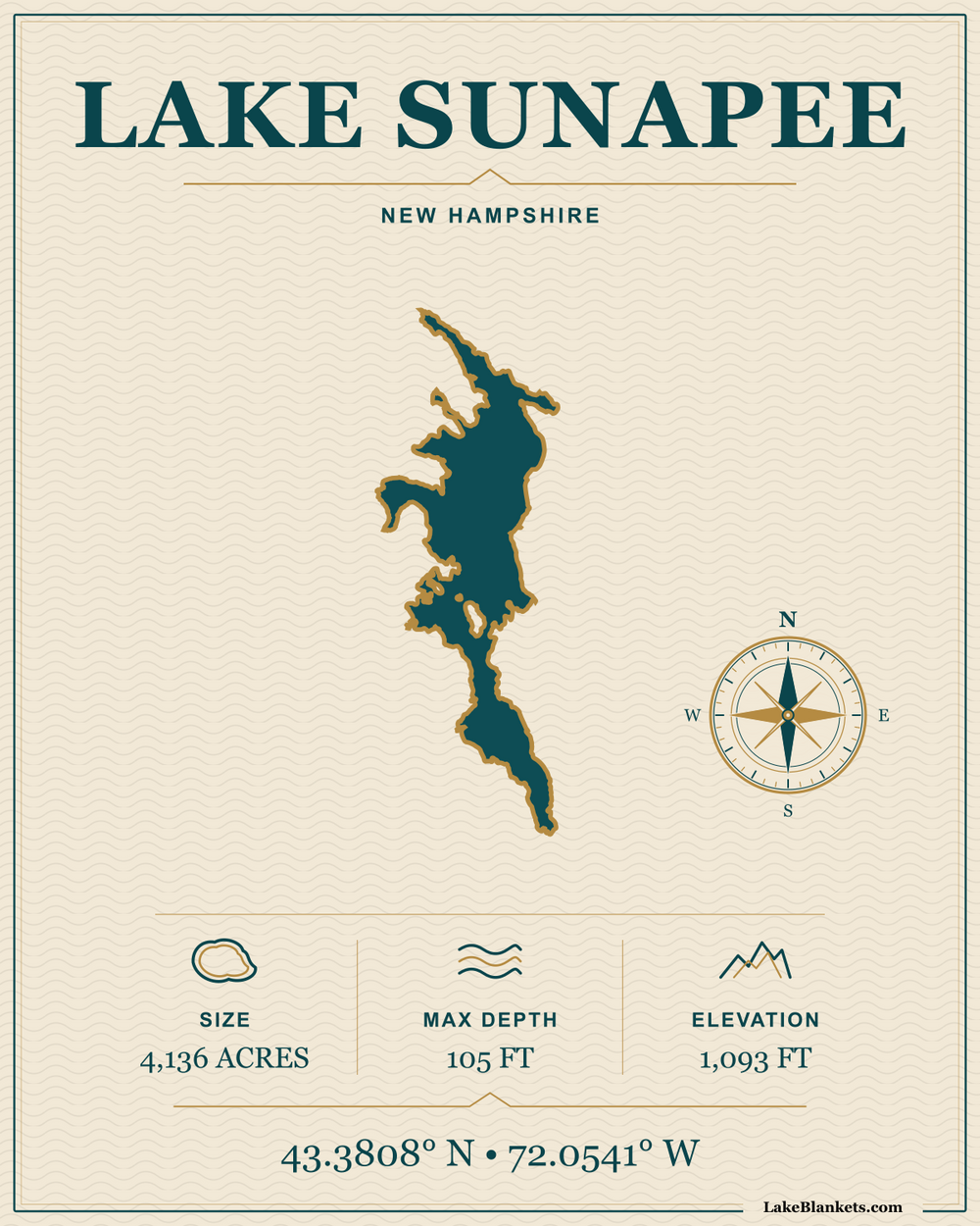 Lake Sunapee New Hampshire Minimalist Navigation premium lightweight fleece blanket design