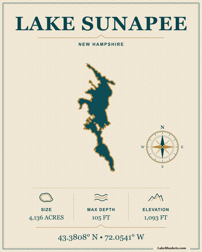 Lake Sunapee New Hampshire Minimalist Navigation premium lightweight fleece blanket design