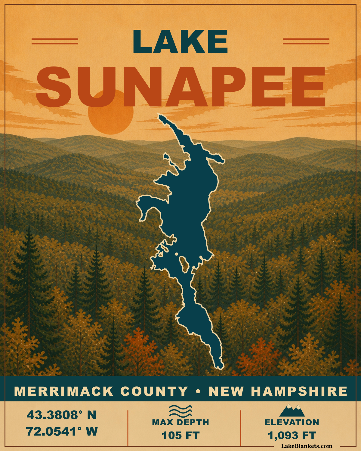 Lake Sunapee New Hampshire Vintage premium Sherpa fleece blanket design
