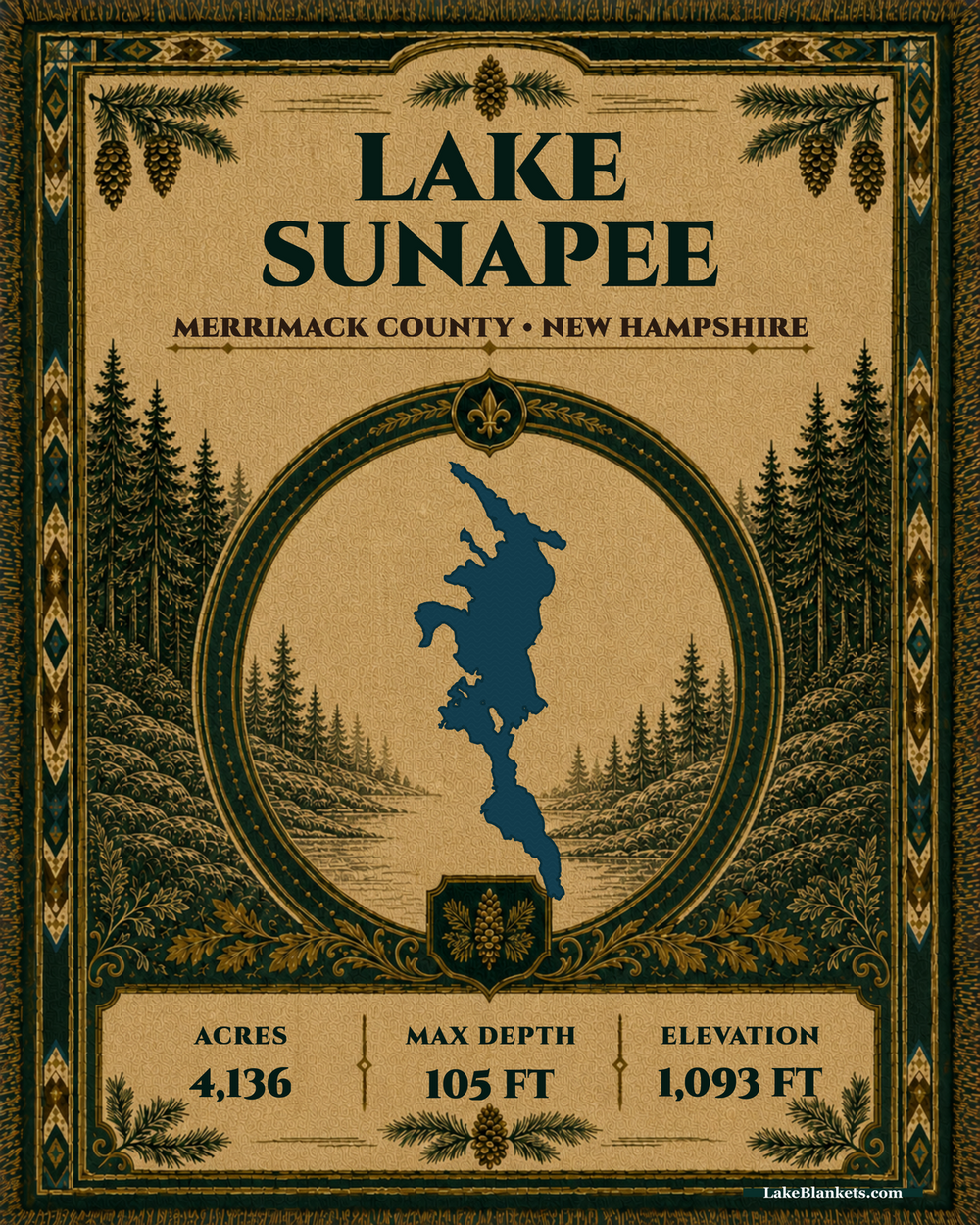 Lake Sunapee New Hampshire Woven Heritage tapestry-style woven blanket design