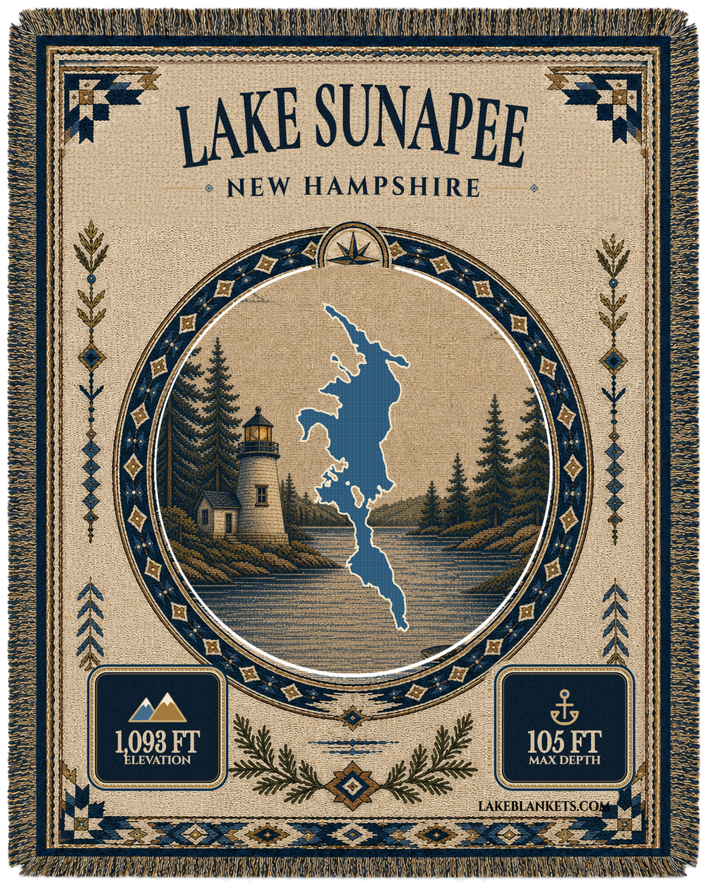 Lake Sunapee New Hampshire woven landmark medallion blanket with Burkehaven Lighthouse