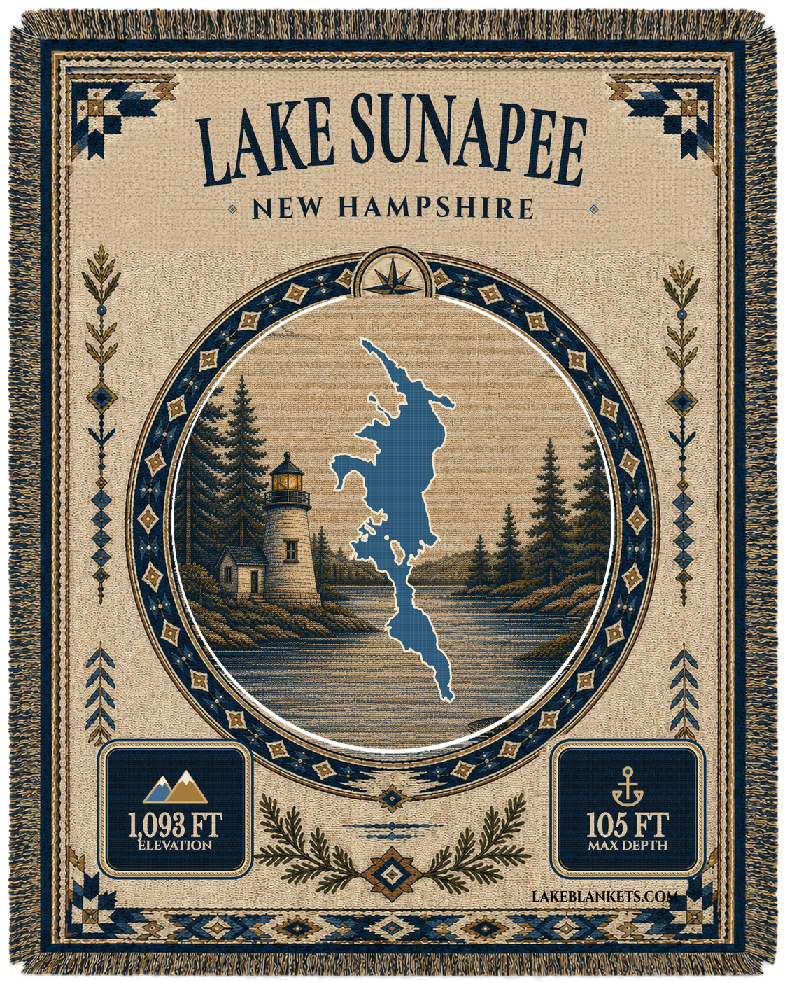 Lake Sunapee New Hampshire woven landmark medallion blanket with Burkehaven Lighthouse