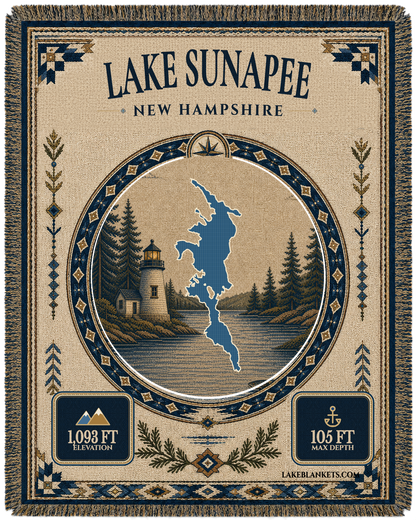 Lake Sunapee New Hampshire woven landmark medallion blanket with Burkehaven Lighthouse