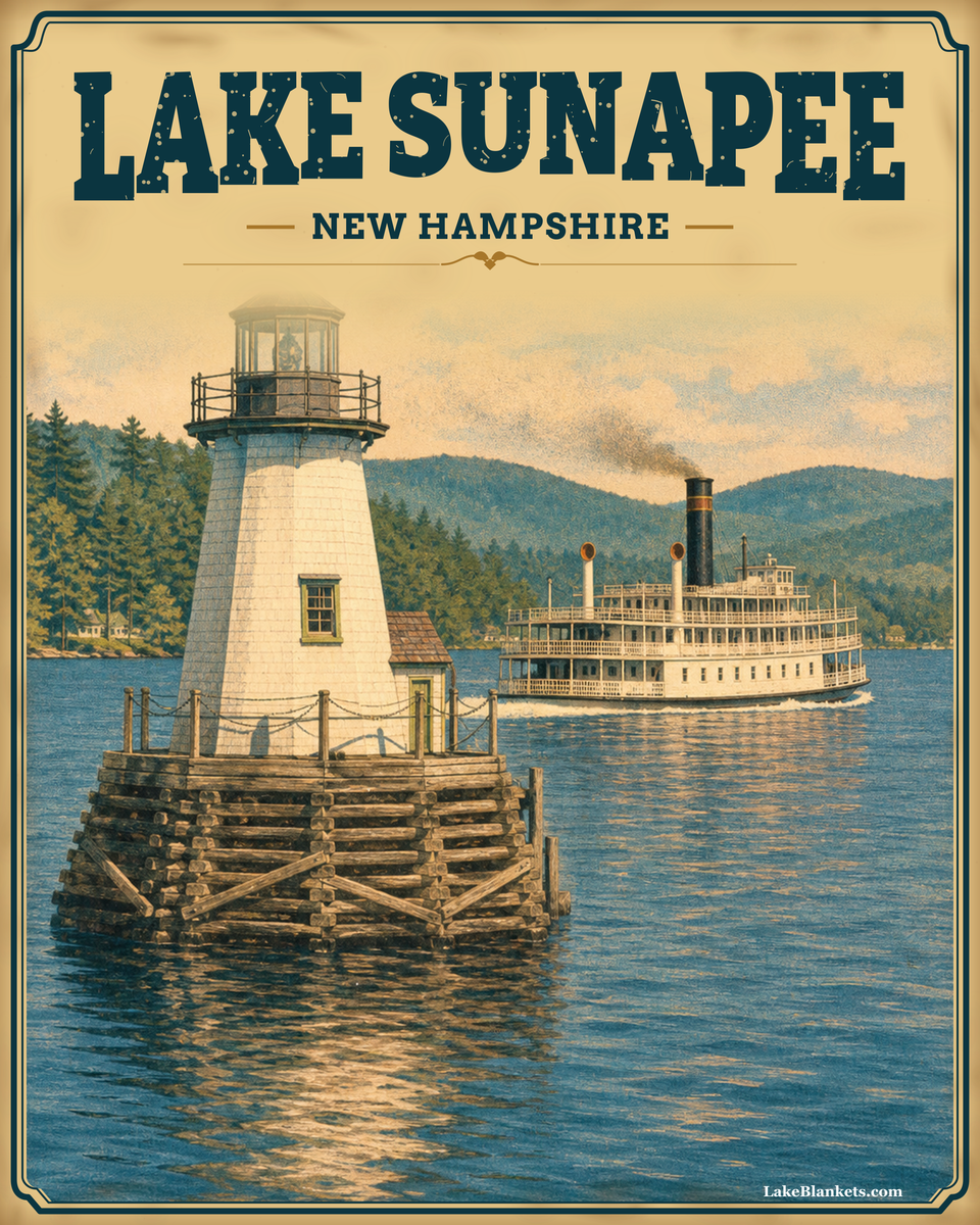 Lake Sunapee New Hampshire Photoesc Sherpa blanket with Burkehaven Lighthouse and a vintage steamer