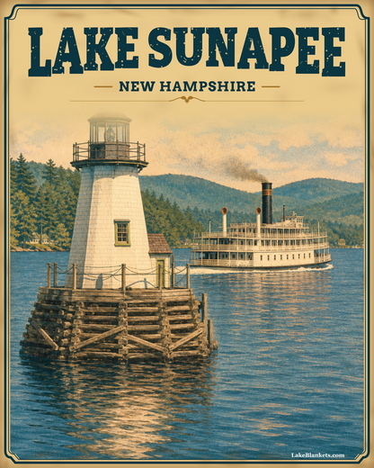 Lake Sunapee New Hampshire Photoesc Sherpa blanket with Burkehaven Lighthouse and a vintage steamer