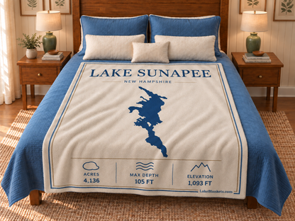 Lake Sunapee Minimalist blanket displayed on a bed