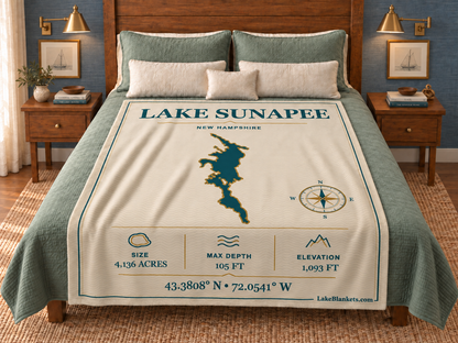Lake Sunapee Minimalist Navigation blanket displayed on a bed