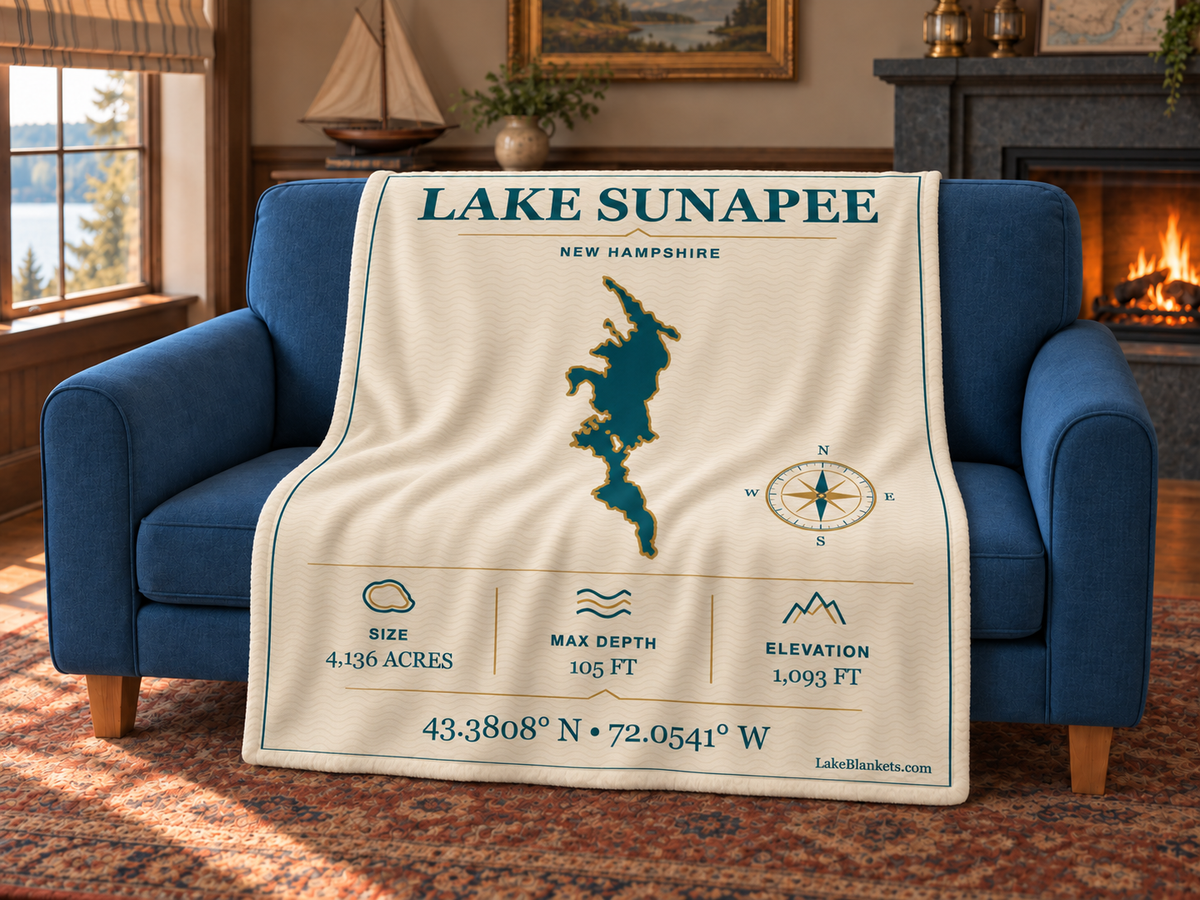 Lake Sunapee Minimalist Navigation blanket draped over a couch