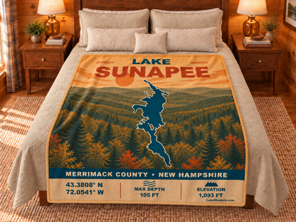 Lake Sunapee Vintage blanket displayed on a bed