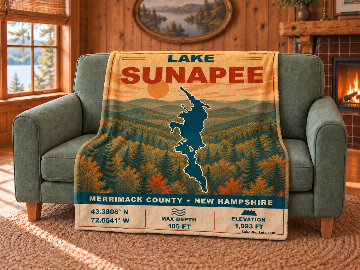 Lake Sunapee Vintage blanket draped over a couch