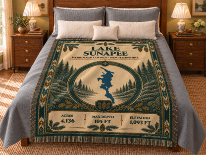 Lake Sunapee Woven Heritage blanket displayed on a bed