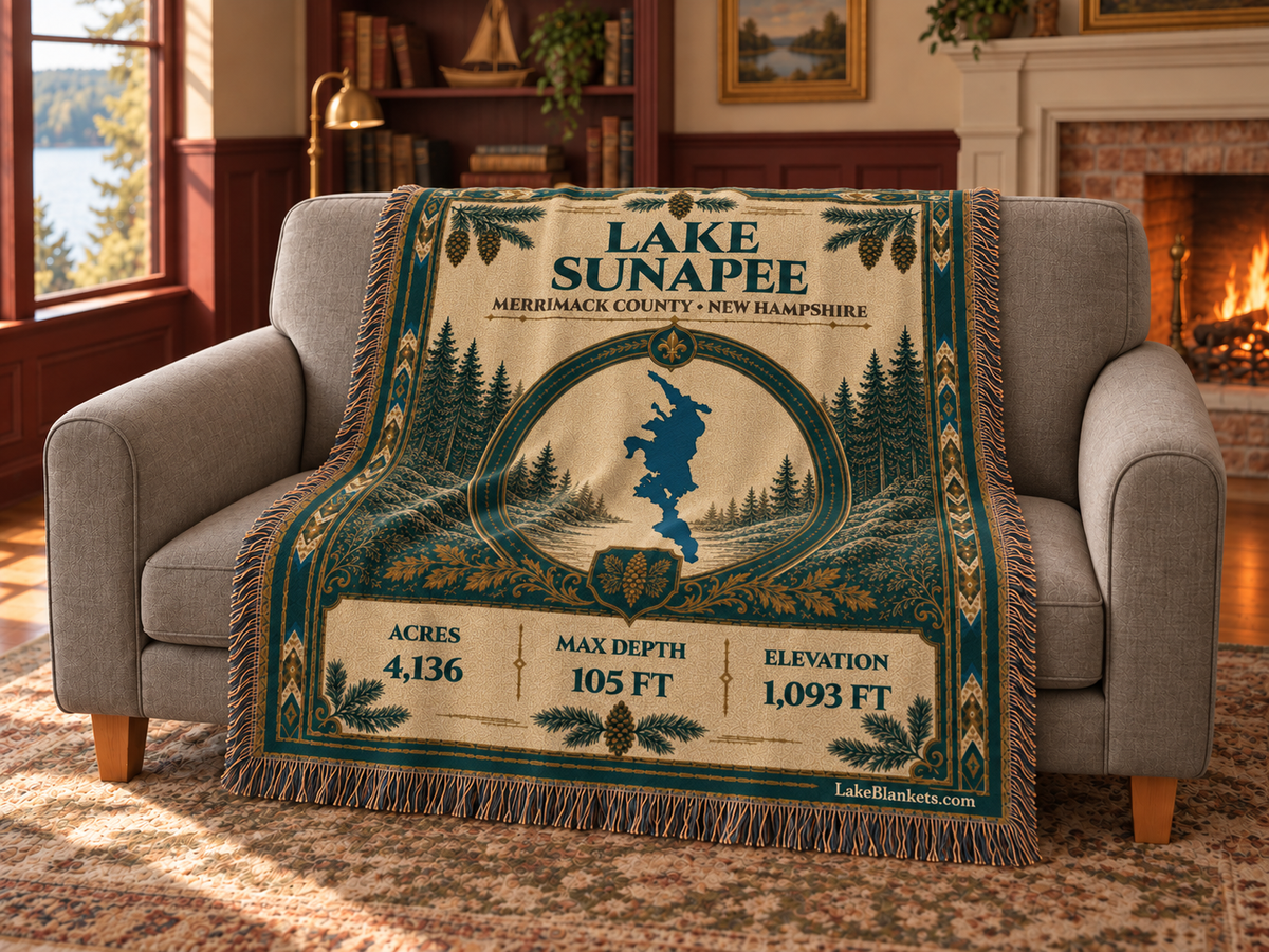 Lake Sunapee Woven Heritage blanket draped over a couch