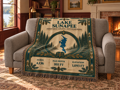 Lake Sunapee Woven Heritage blanket draped over a couch
