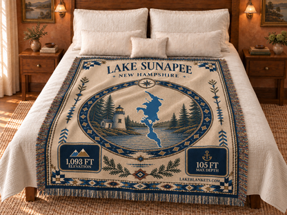 Lake Sunapee Woven Landmark Medallion blanket displayed on a bed