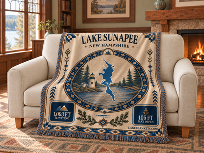 Lake Sunapee Woven Landmark Medallion blanket draped over a couch