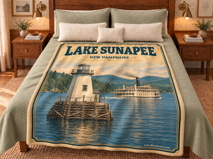 Lake Sunapee Photoesc blanket displayed on a bed