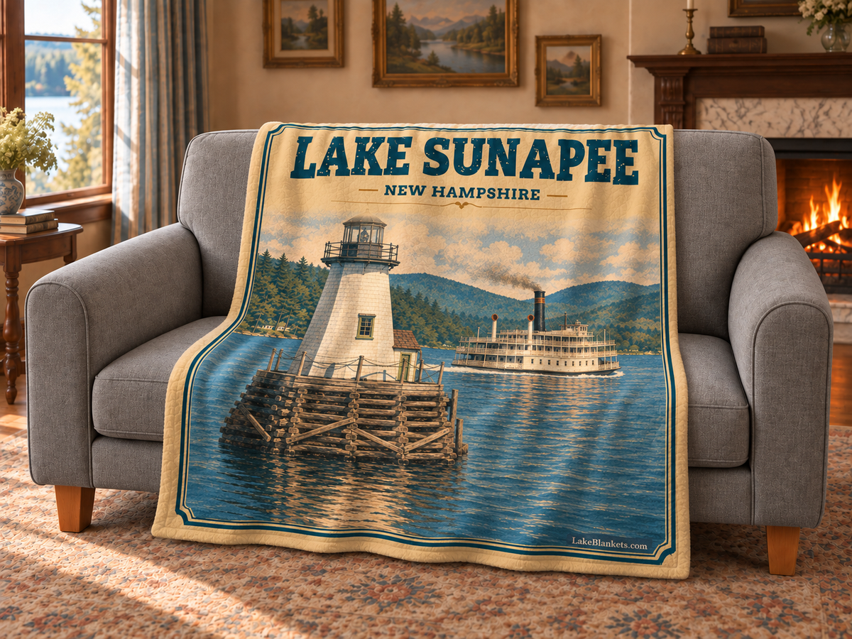 Lake Sunapee Photoesc blanket draped over a couch