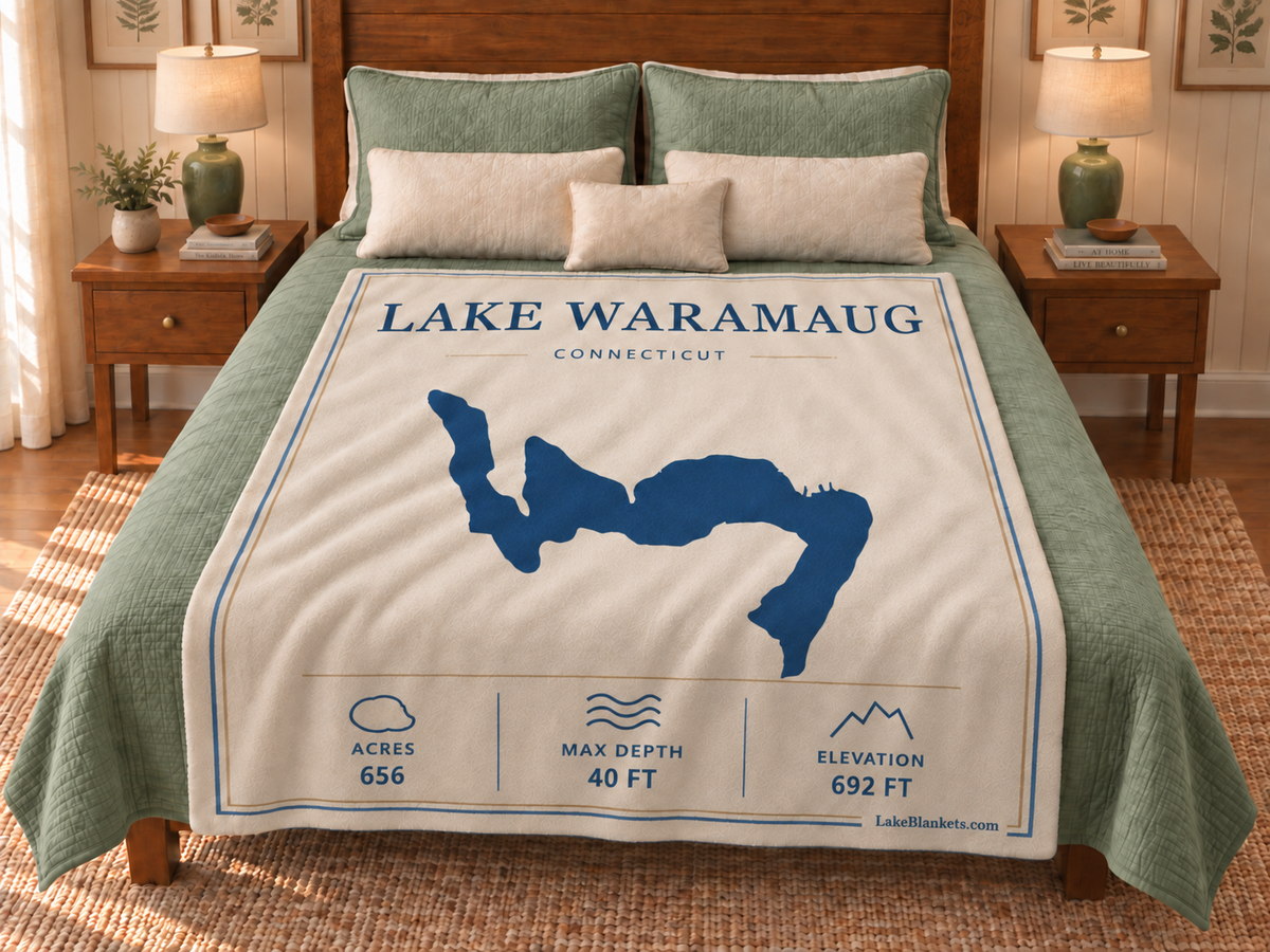 Lake Waramaug Minimalist blanket displayed on a bed